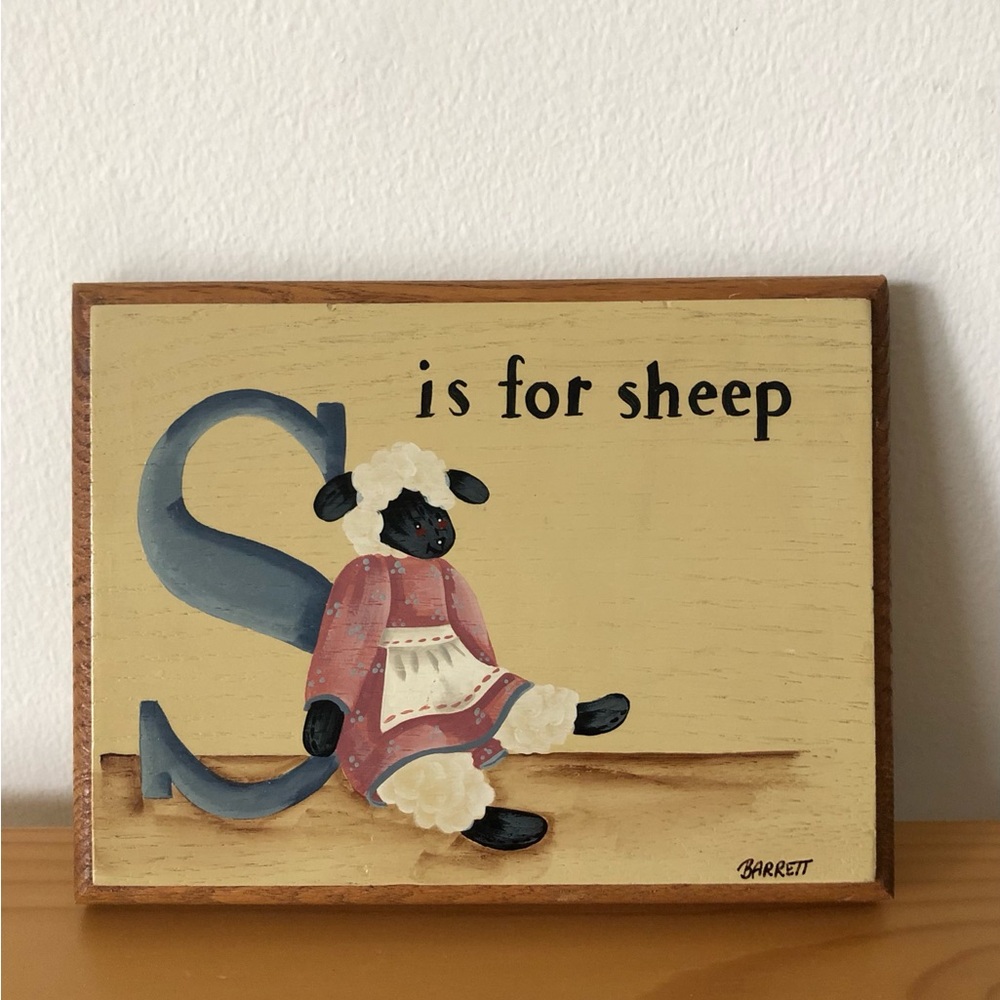 S is for Sheep Wall Art Kids Country Decor Blue Cream Wooden Plaque